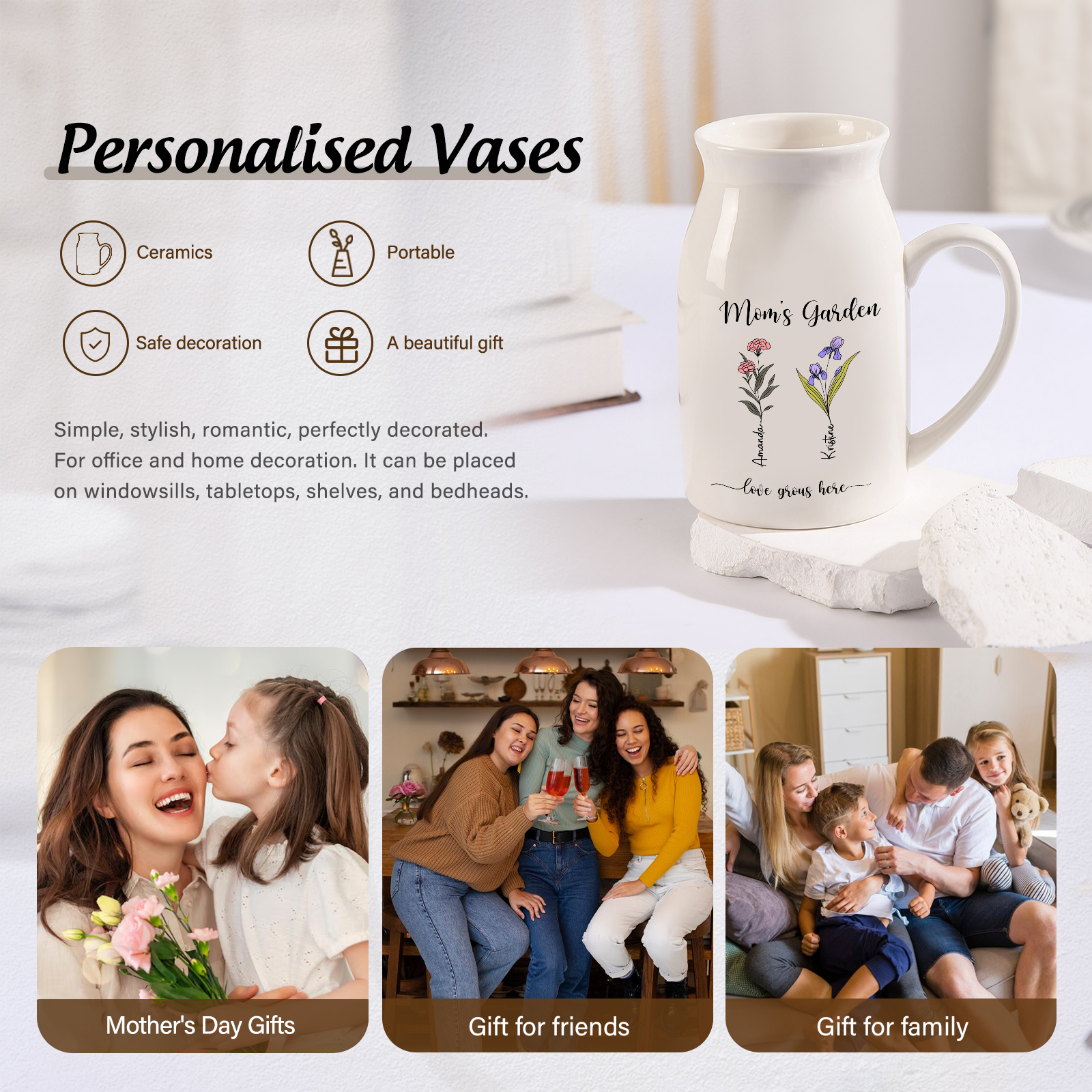 Personalised Birth Flower Vase with 2 Names – Custom Ceramic Gift for Mum or Grandma | Jessemade