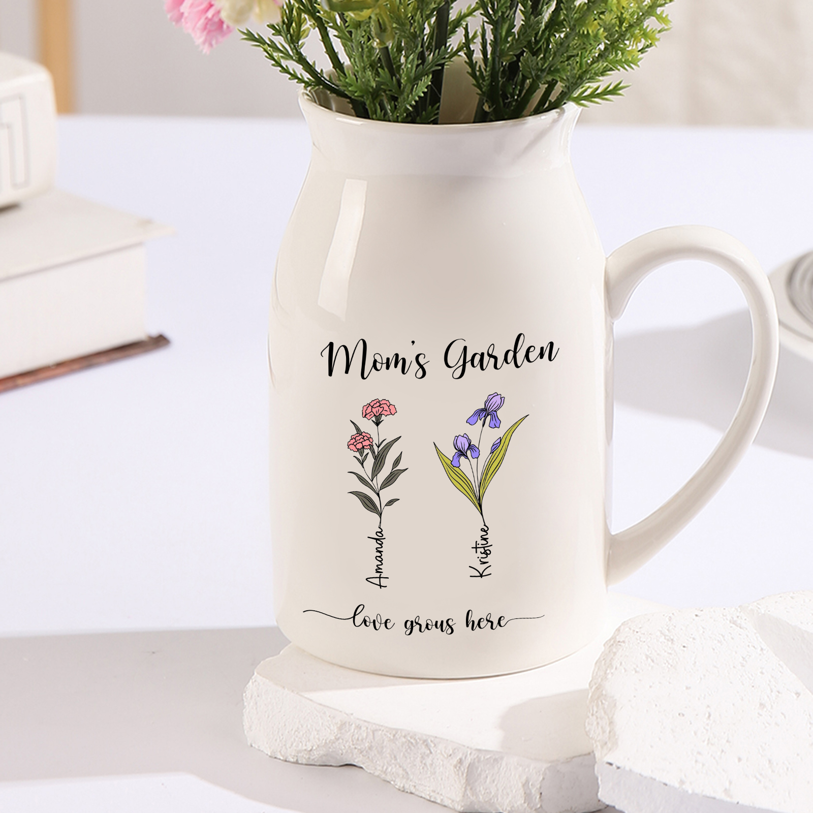 Personalised Birth Flower Vase with 2 Names – Custom Ceramic Gift for Mum or Grandma | Jessemade