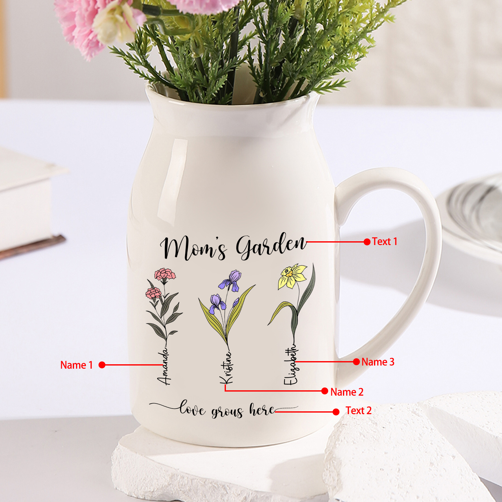 Personalised Birth Flower Vase with 3 Names – Custom Ceramic Gift for Mum or Grandma | Jessemade