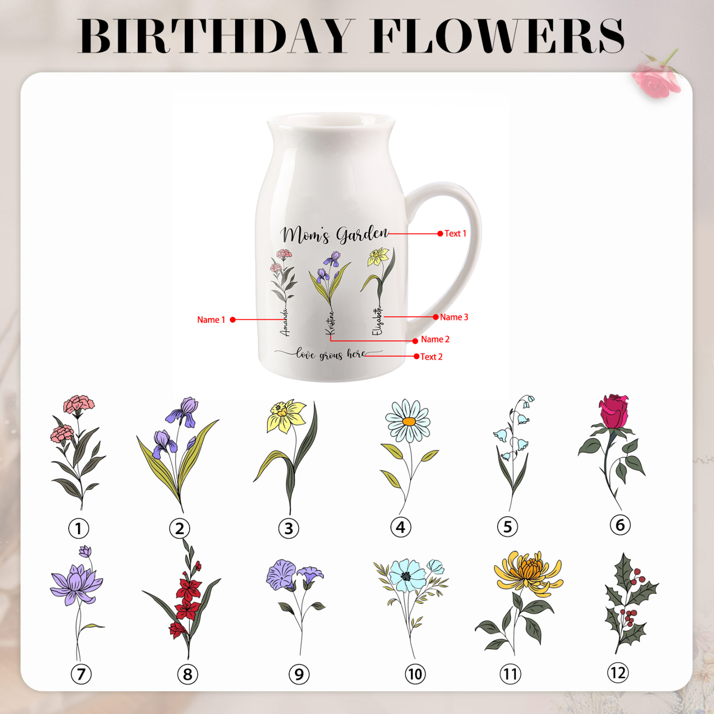 Personalised Birth Flower Vase with 3 Names – Custom Ceramic Gift for Mum or Grandma | Jessemade