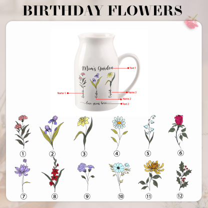 Personalised Birth Flower Vase with 3 Names – Custom Ceramic Gift for Mum or Grandma | Jessemade