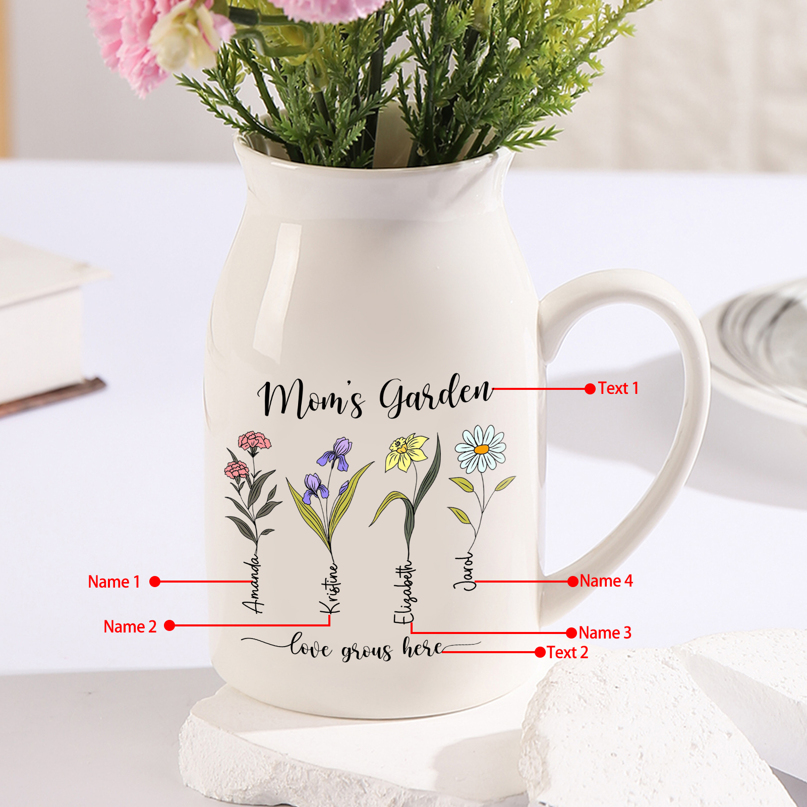 Personalised Birth Flower Vase with 4 Names – Custom Ceramic Gift for Mum or Grandma | Jessemade