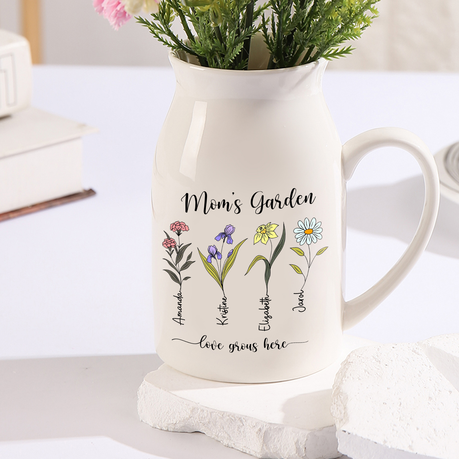Personalised Birth Flower Vase with 4 Names – Custom Ceramic Gift for Mum or Grandma | Jessemade