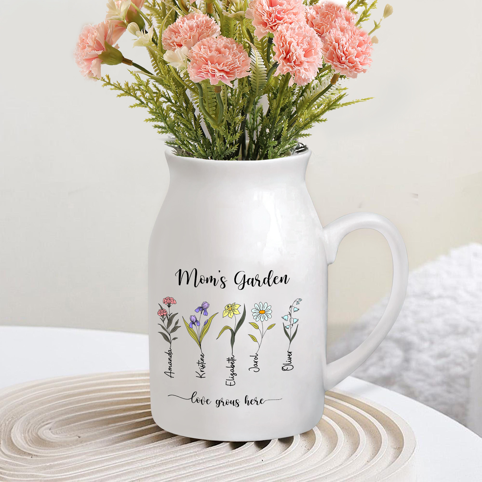 Personalised Birth Flower Vase with 5 Names – Custom Ceramic Gift for Mum or Grandma | Jessemade