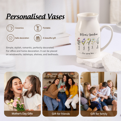 Personalised Birth Flower Vase with 5 Names – Custom Ceramic Gift for Mum or Grandma | Jessemade