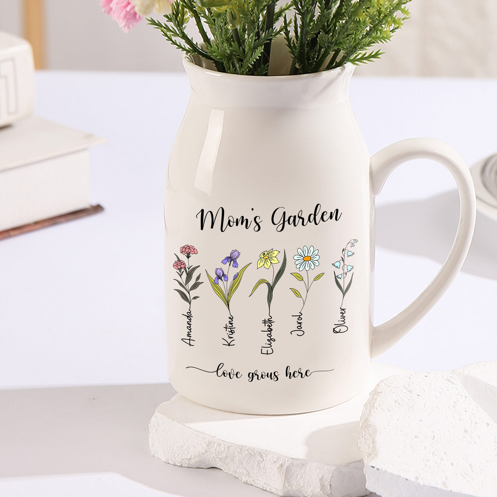 Personalised Birth Flower Vase with 5 Names – Custom Ceramic Gift for Mum or Grandma | Jessemade