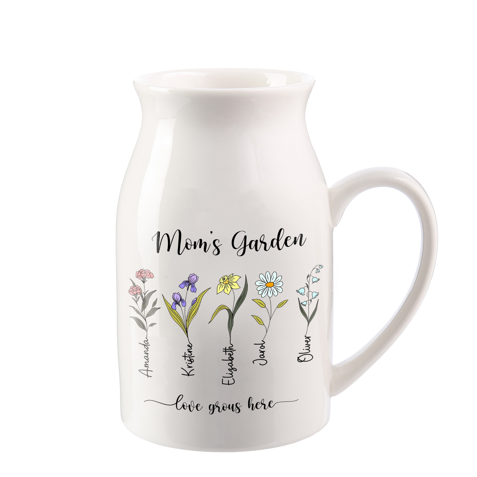 Personalised Birth Flower Vase with 5 Names – Custom Ceramic Gift for Mum or Grandma | Jessemade