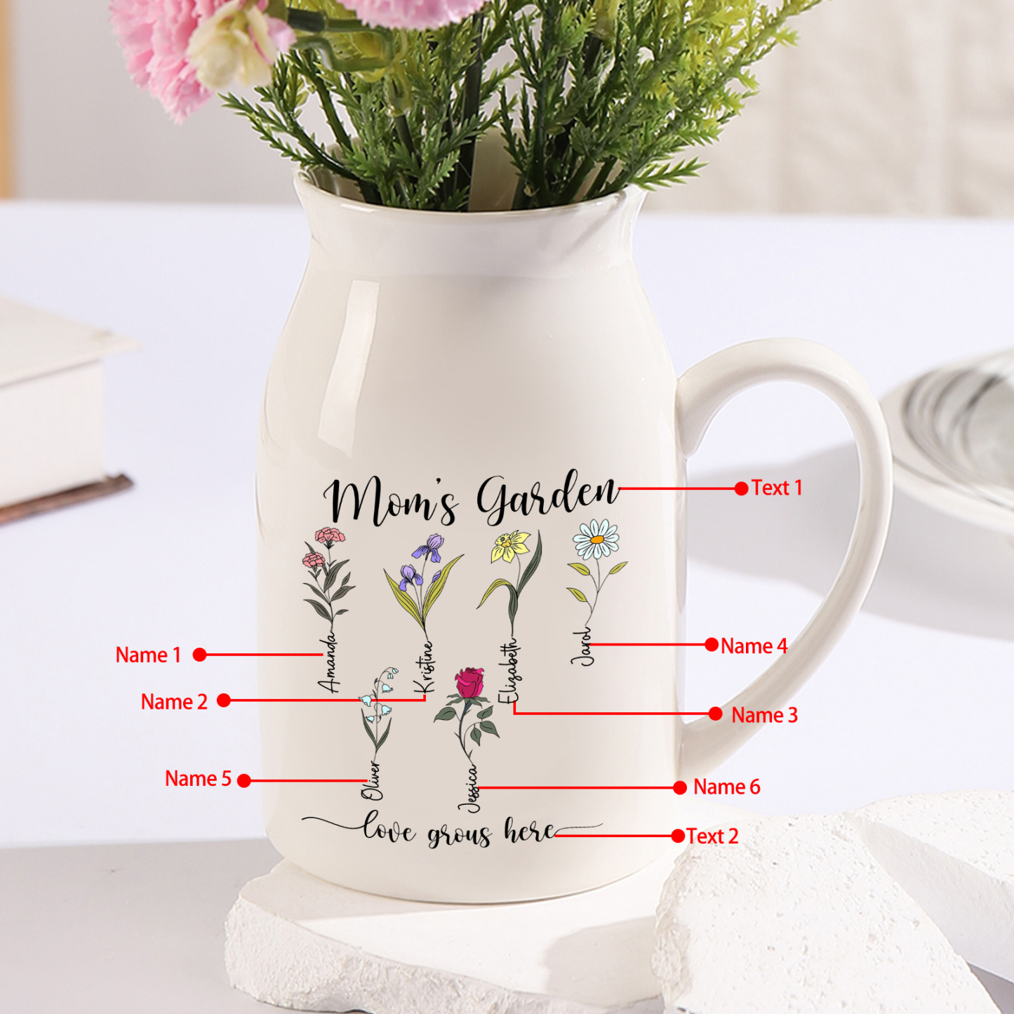 Personalised Birth Flower Vase with 6 Names – Custom Ceramic Gift for Mum or Grandma | Jessemade