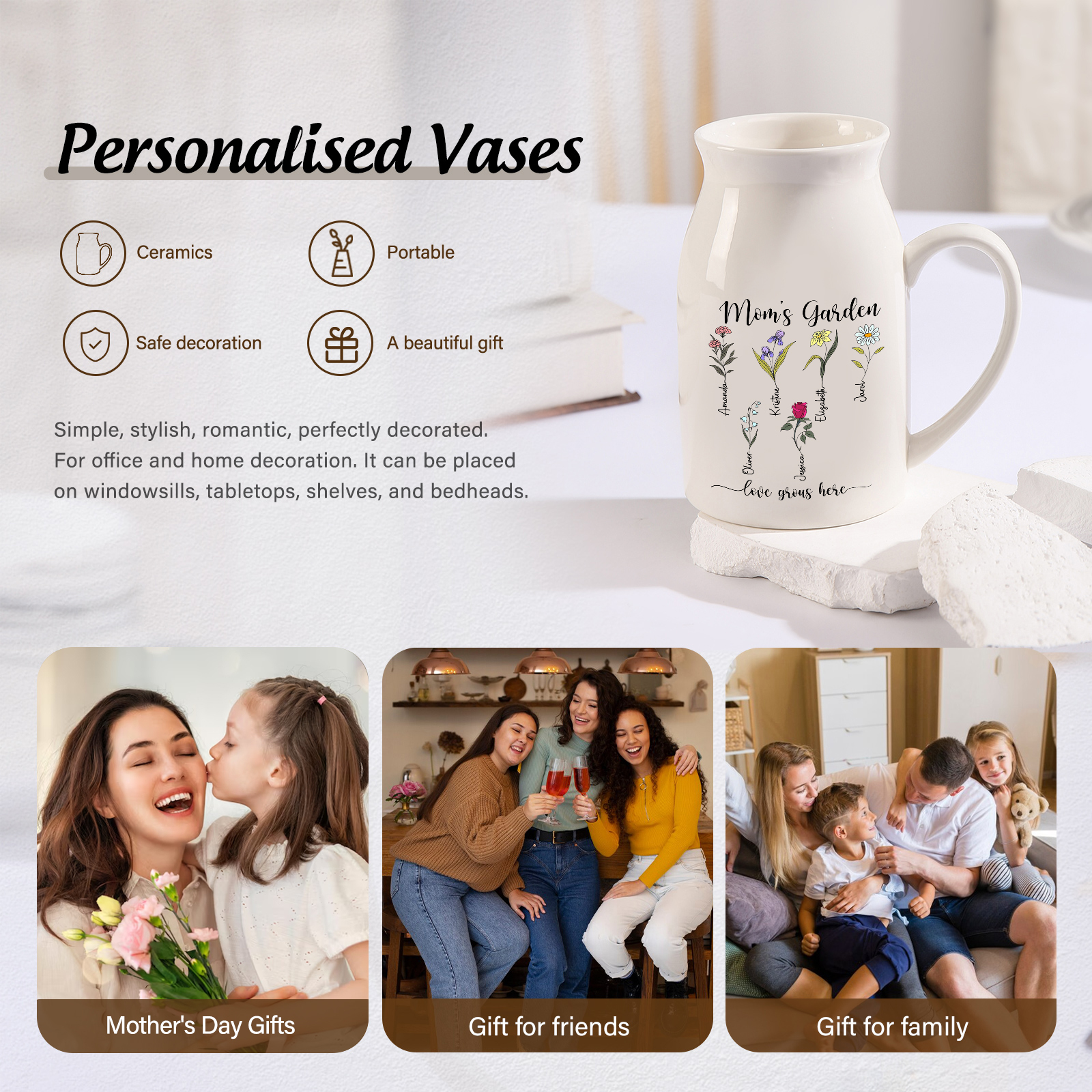Personalised Birth Flower Vase with 6 Names – Custom Ceramic Gift for Mum or Grandma | Jessemade