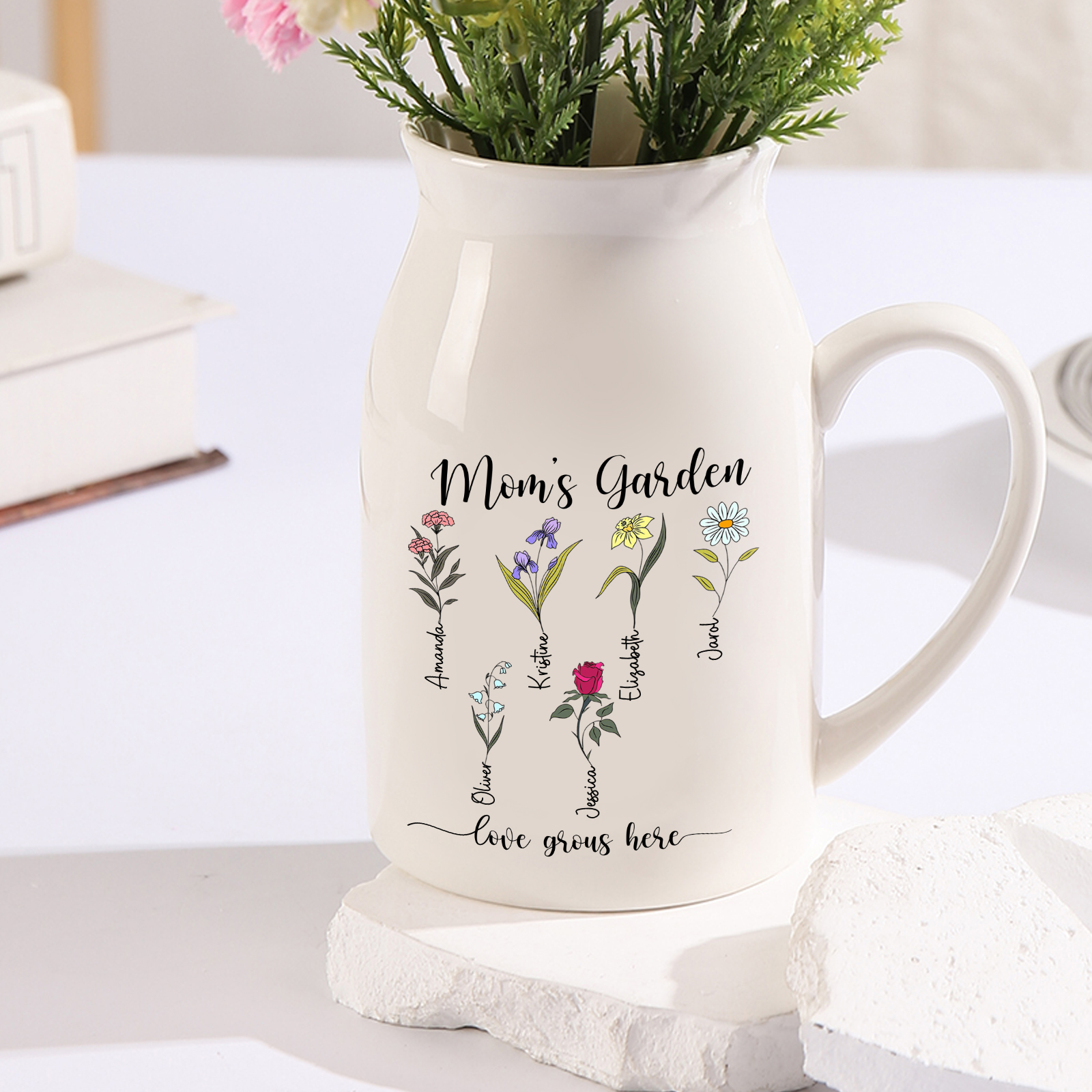 Personalised Birth Flower Vase with 6 Names – Custom Ceramic Gift for Mum or Grandma | Jessemade