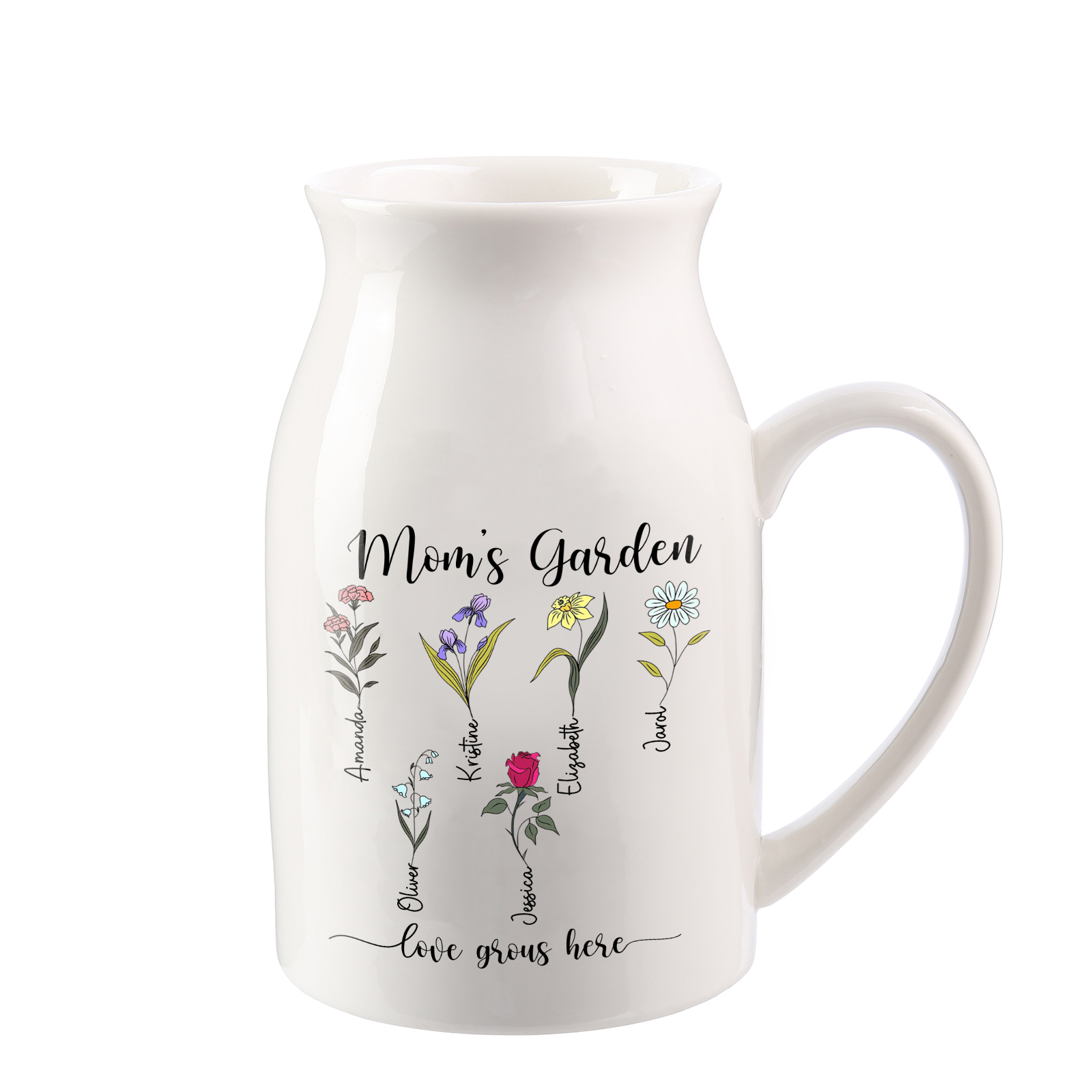Personalised Birth Flower Vase with 6 Names – Custom Ceramic Gift for Mum or Grandma | Jessemade