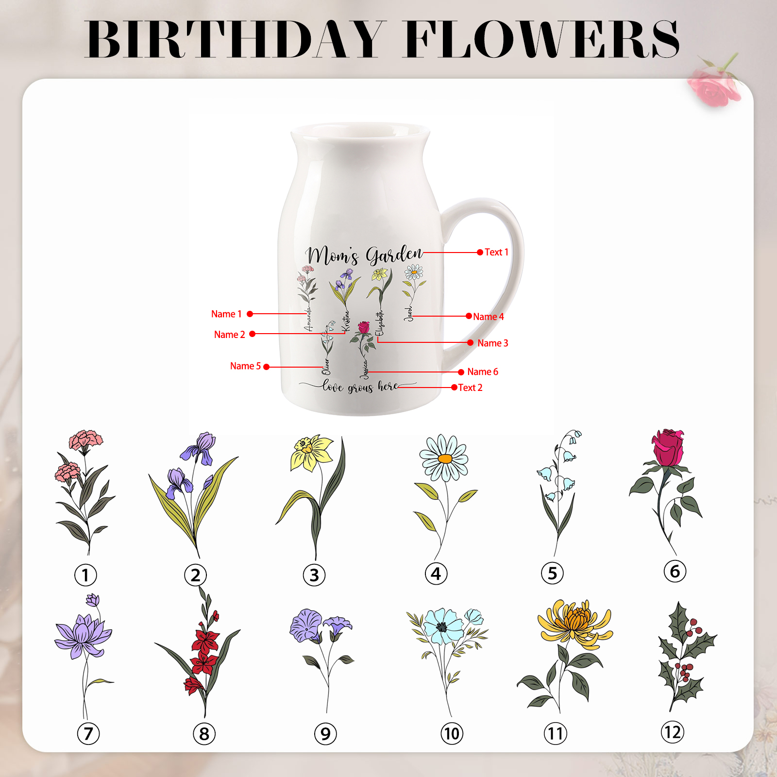 Personalised Birth Flower Vase with 6 Names – Custom Ceramic Gift for Mum or Grandma | Jessemade