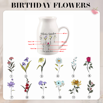 Personalised Birth Flower Vase with 6 Names – Custom Ceramic Gift for Mum or Grandma | Jessemade