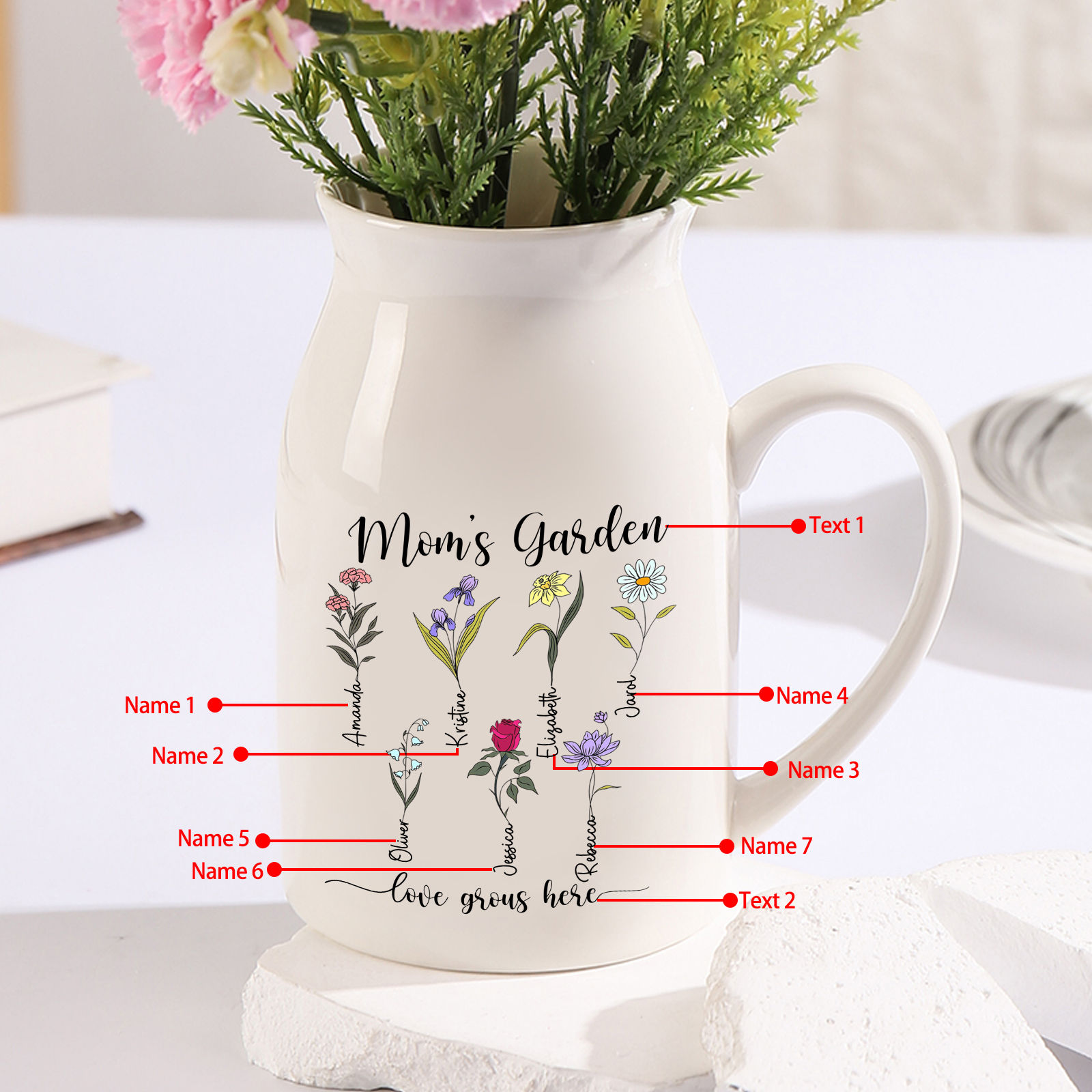 Personalised Birth Flower Vase with 7 Names – Custom Ceramic Gift for Mum or Grandma | Jessemade