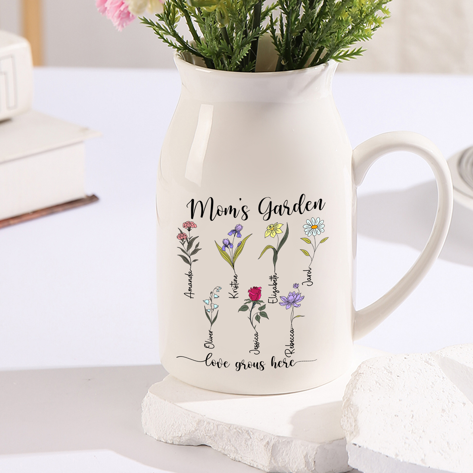 Personalised Birth Flower Vase with 7 Names – Custom Ceramic Gift for Mum or Grandma | Jessemade