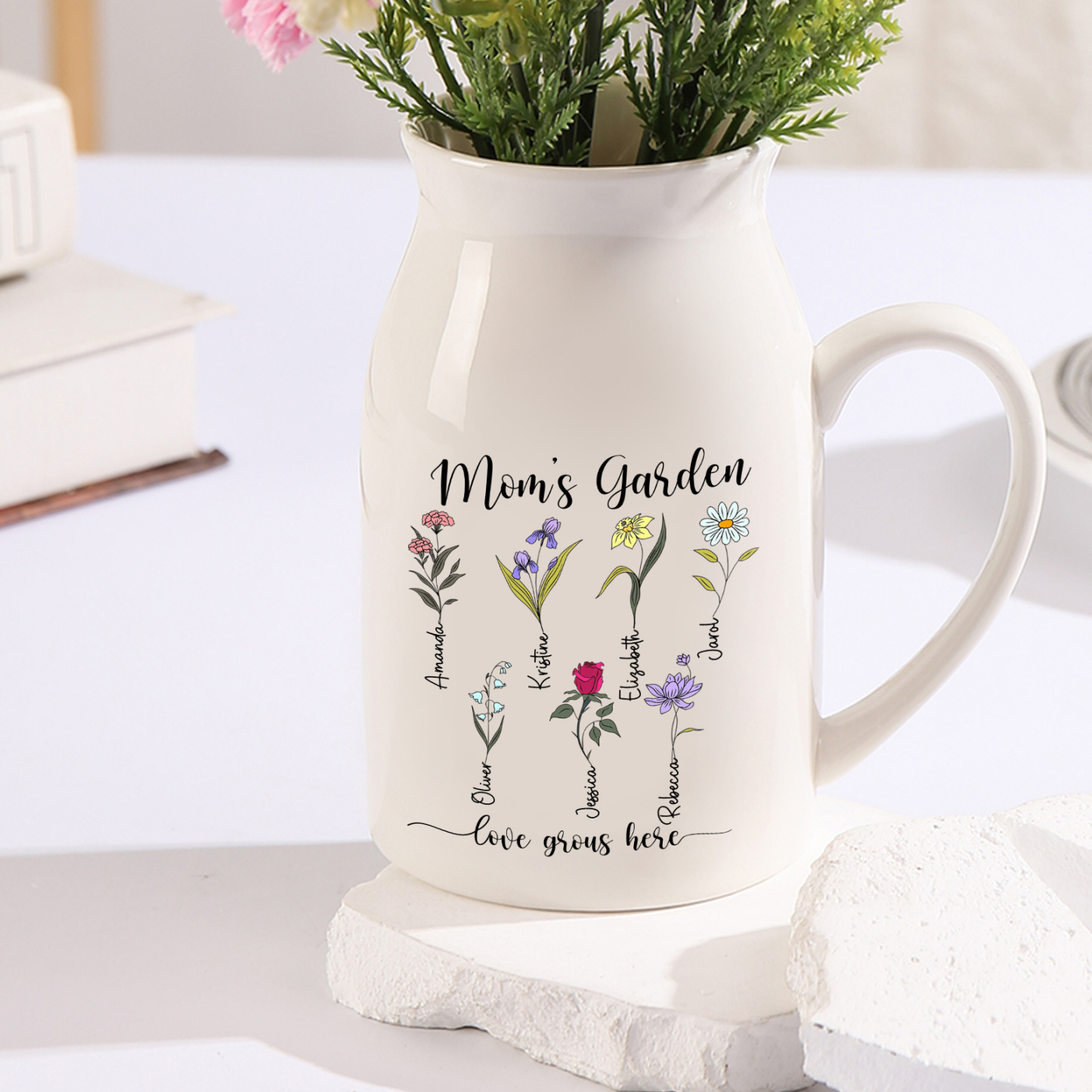 Personalised Birth Flower Vase with 7 Names – Custom Ceramic Gift for Mum or Grandma | Jessemade