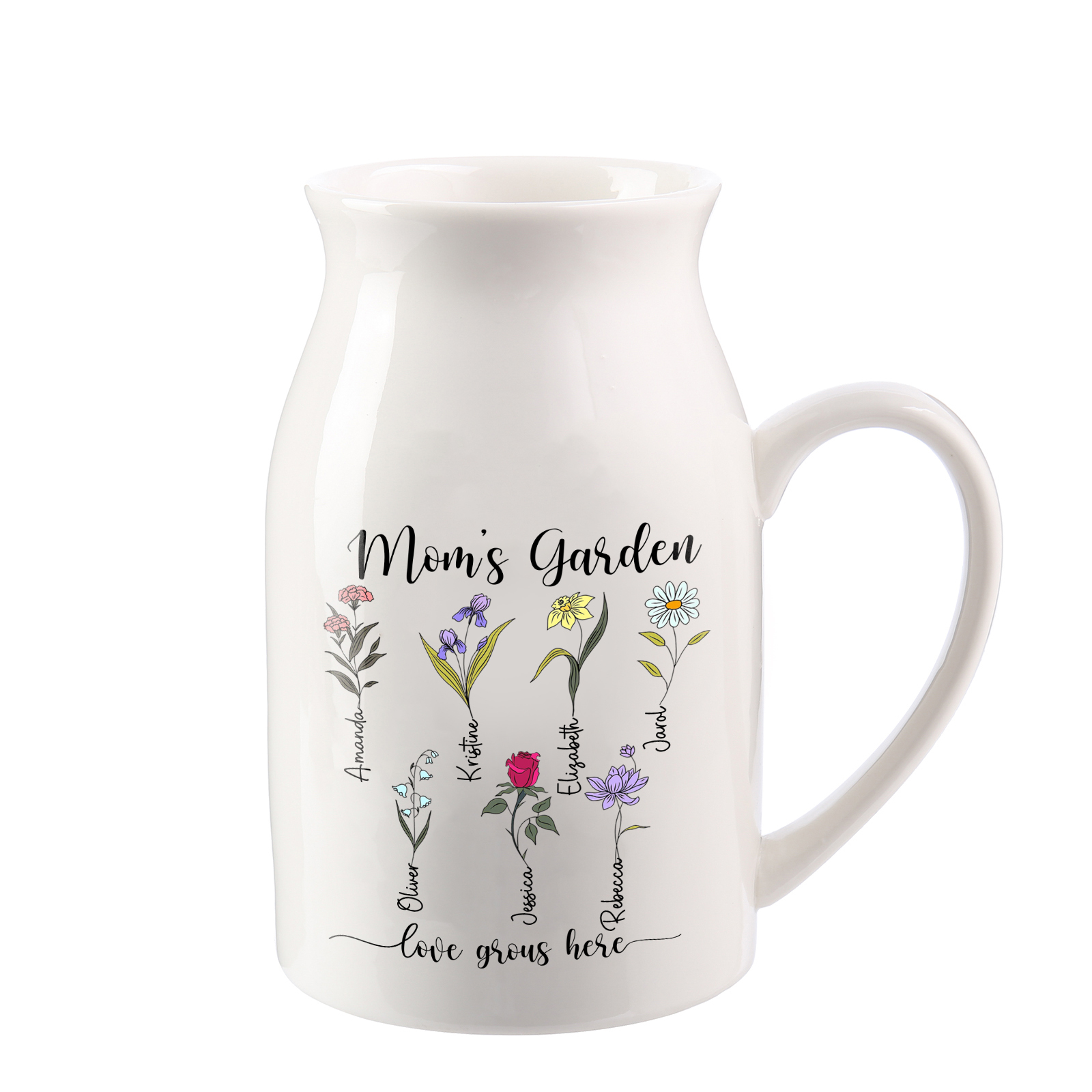 Personalised Birth Flower Vase with 7 Names – Custom Ceramic Gift for Mum or Grandma | Jessemade