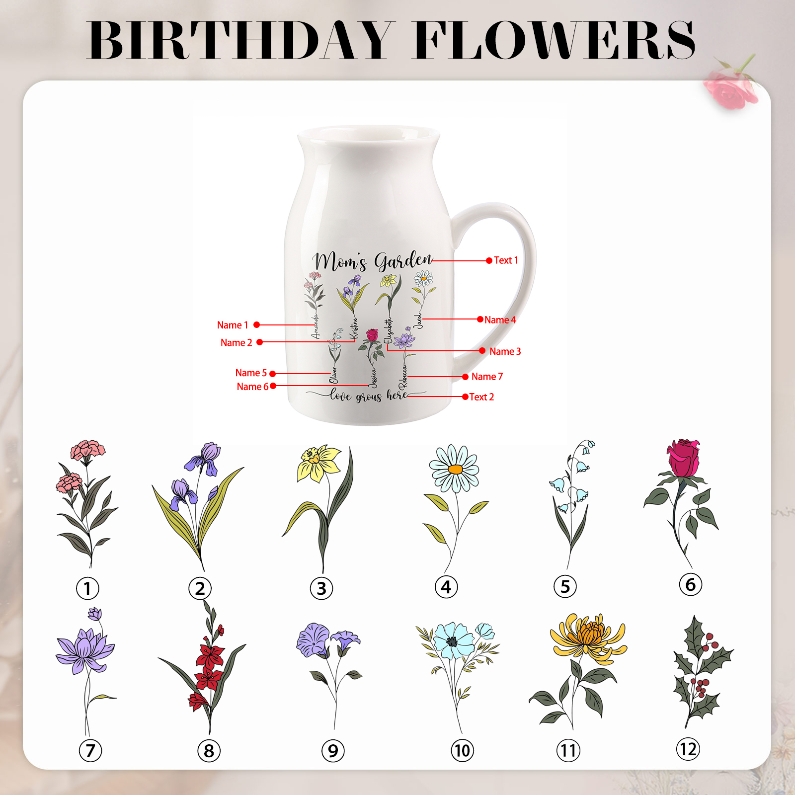 Personalised Birth Flower Vase with 7 Names – Custom Ceramic Gift for Mum or Grandma | Jessemade