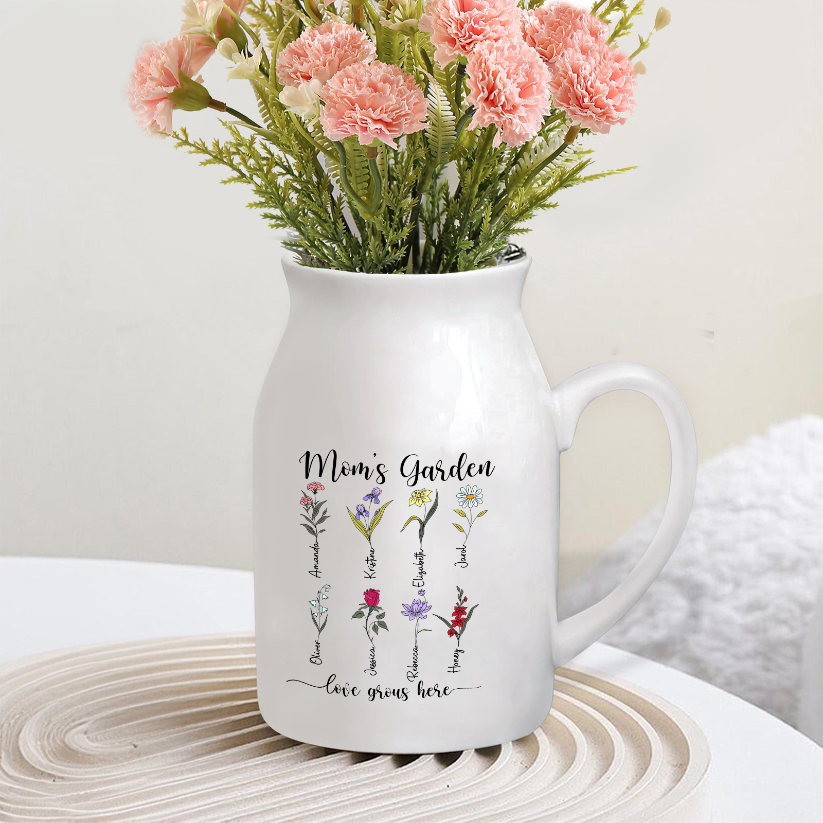 Personalised Birth Flower Vase with 8 Names – Custom Ceramic Gift for Mum or Grandma | Jessemade