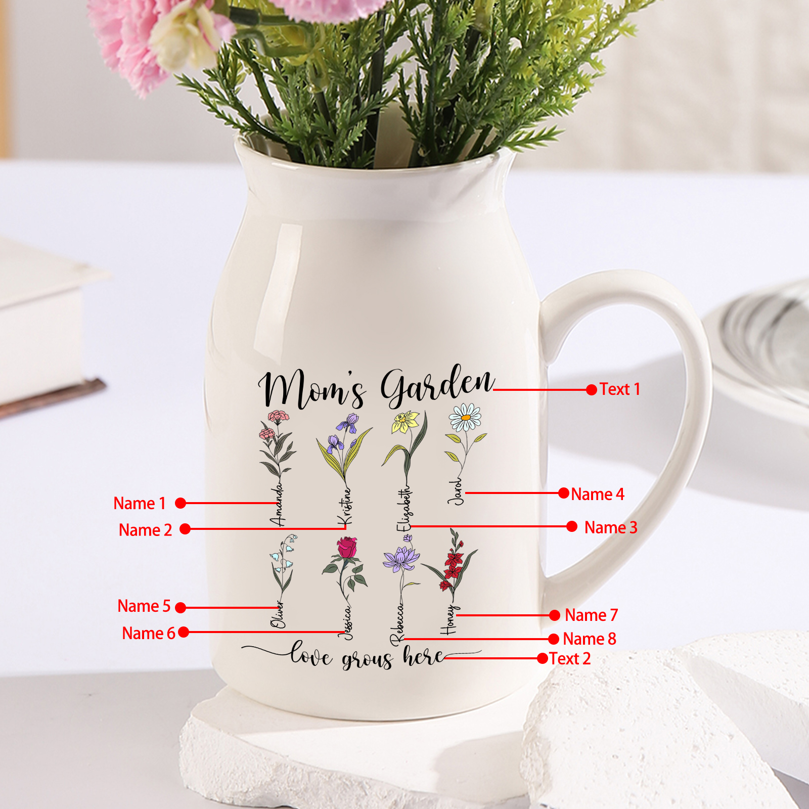 Personalised Birth Flower Vase with 8 Names – Custom Ceramic Gift for Mum or Grandma | Jessemade