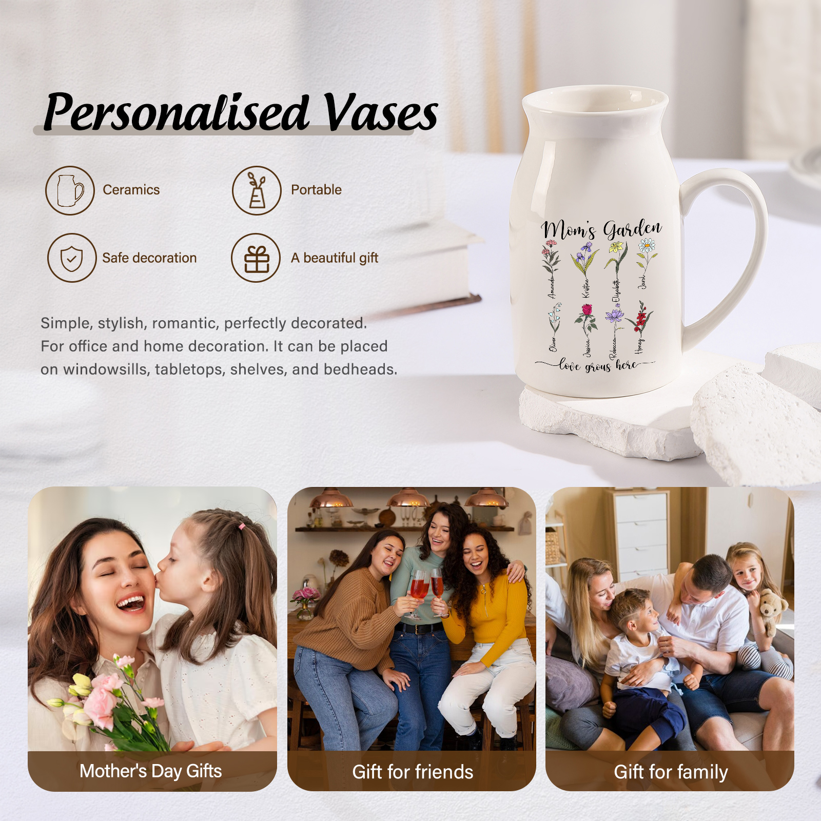 Personalised Birth Flower Vase with 8 Names – Custom Ceramic Gift for Mum or Grandma | Jessemade