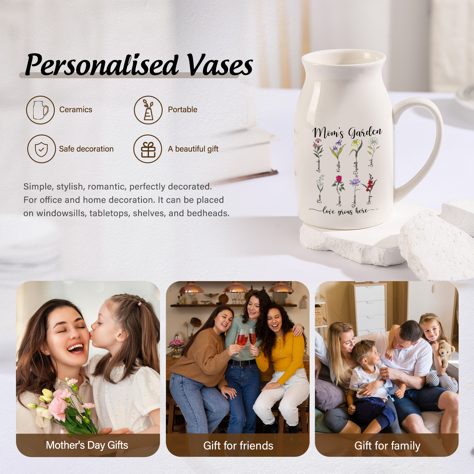 Personalised Birth Flower Vase with 8 Names – Custom Ceramic Gift for Mum or Grandma | Jessemade