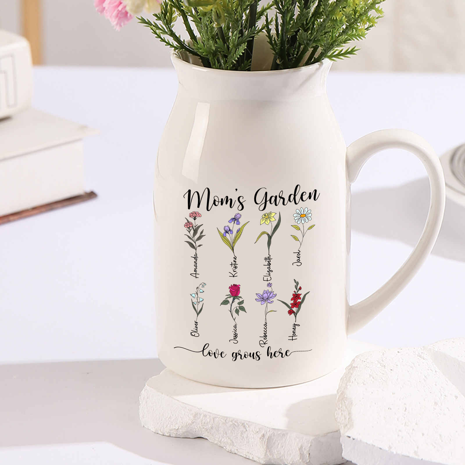 Personalised Birth Flower Vase with 8 Names – Custom Ceramic Gift for Mum or Grandma | Jessemade