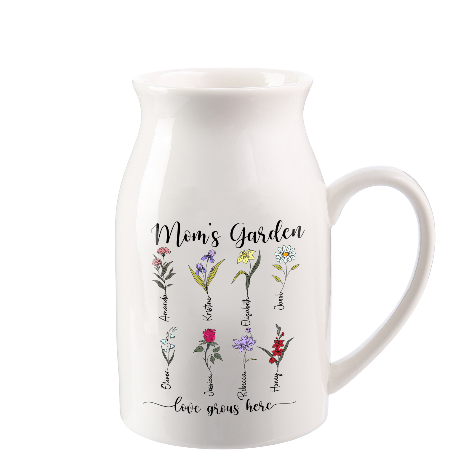 Personalised Birth Flower Vase with 8 Names – Custom Ceramic Gift for Mum or Grandma | Jessemade