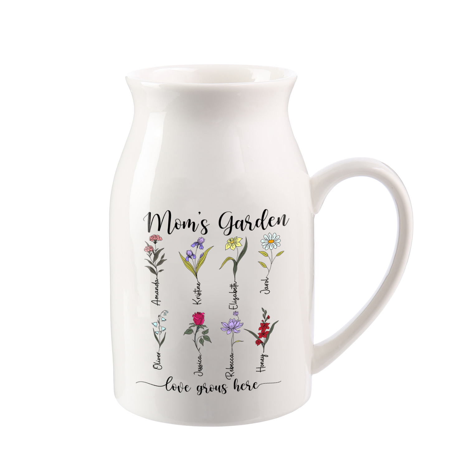 Personalised Birth Flower Vase with 8 Names – Custom Ceramic Gift for Mum or Grandma | Jessemade