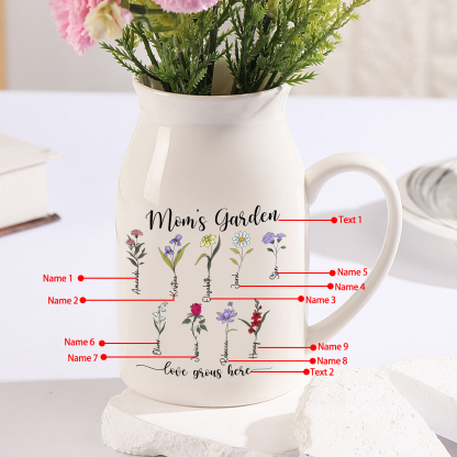 Personalised Birth Flower Vase with 9 Names – Custom Ceramic Gift for Mum or Grandma | Jessemade