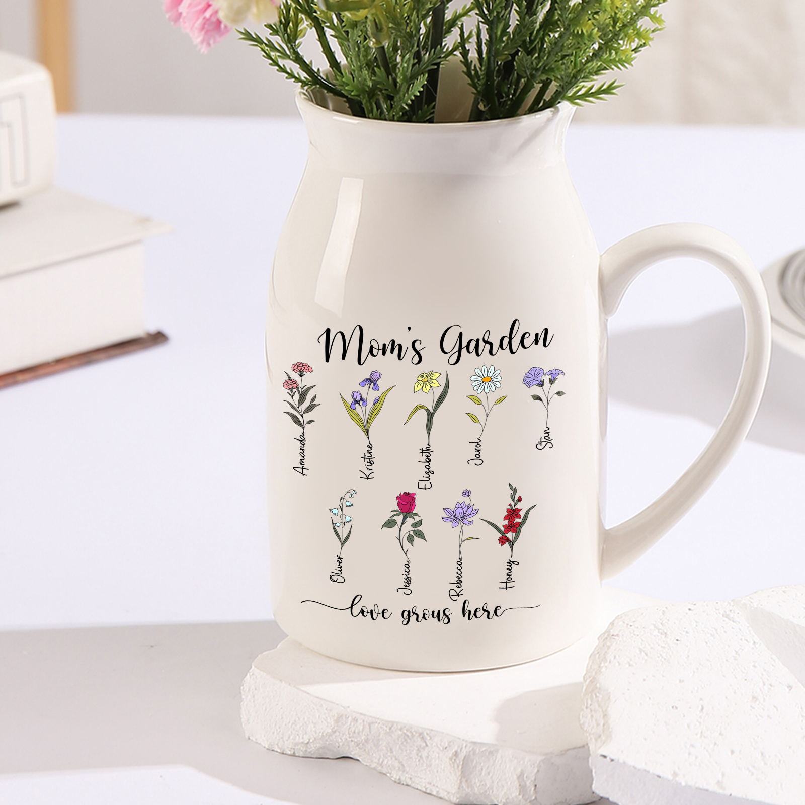 Personalised Birth Flower Vase with 9 Names – Custom Ceramic Gift for Mum or Grandma | Jessemade