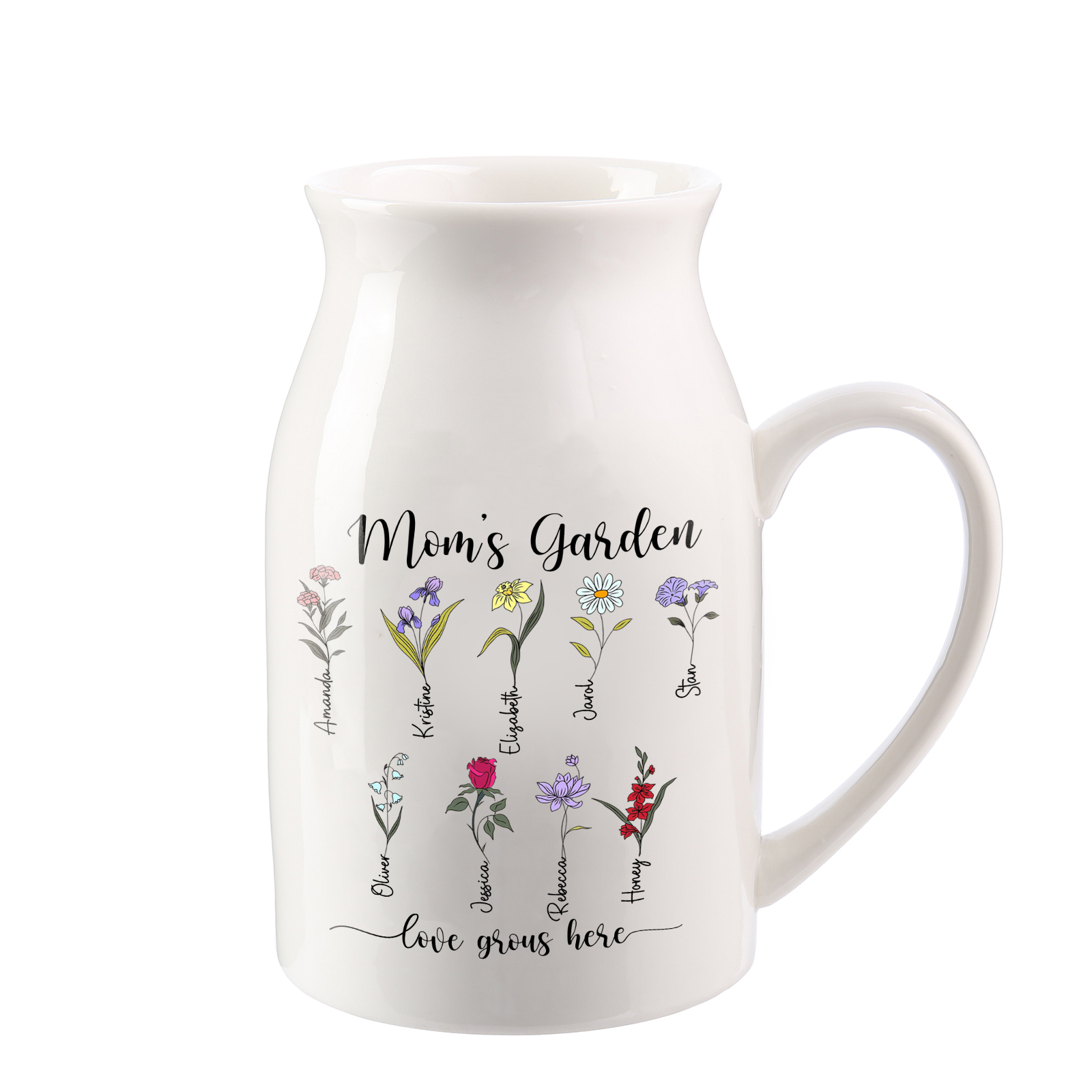 Personalised Birth Flower Vase with 9 Names – Custom Ceramic Gift for Mum or Grandma | Jessemade