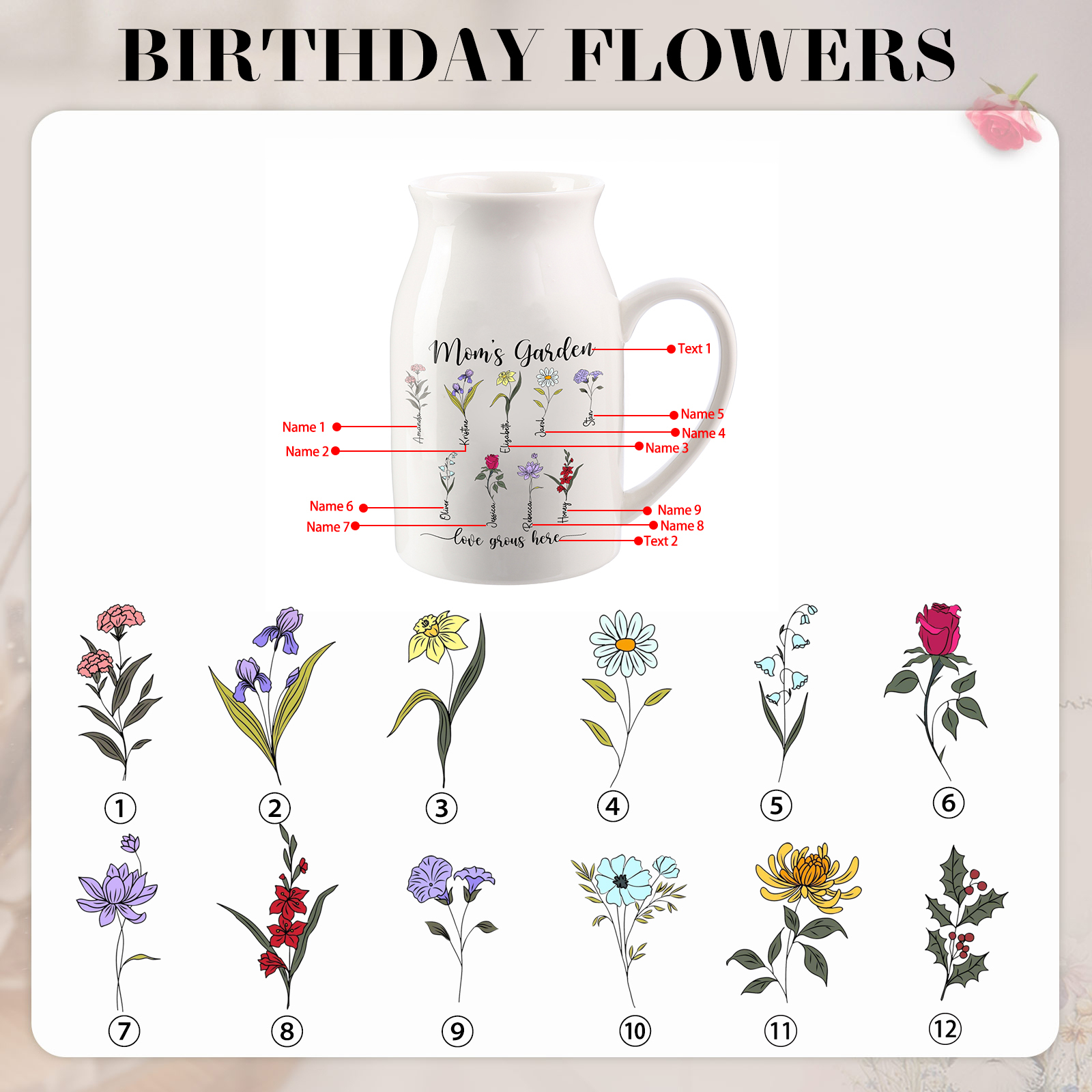Personalised Birth Flower Vase with 9 Names – Custom Ceramic Gift for Mum or Grandma | Jessemade