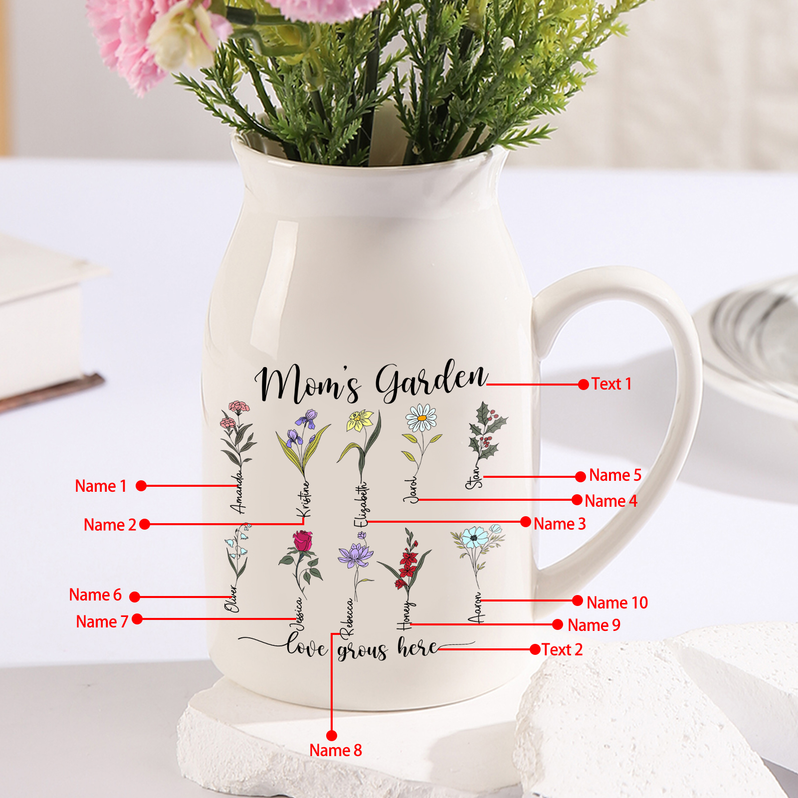 Personalised Birth Flower Vase with 10 Names – Custom Ceramic Gift for Mum or Grandma | Jessemade