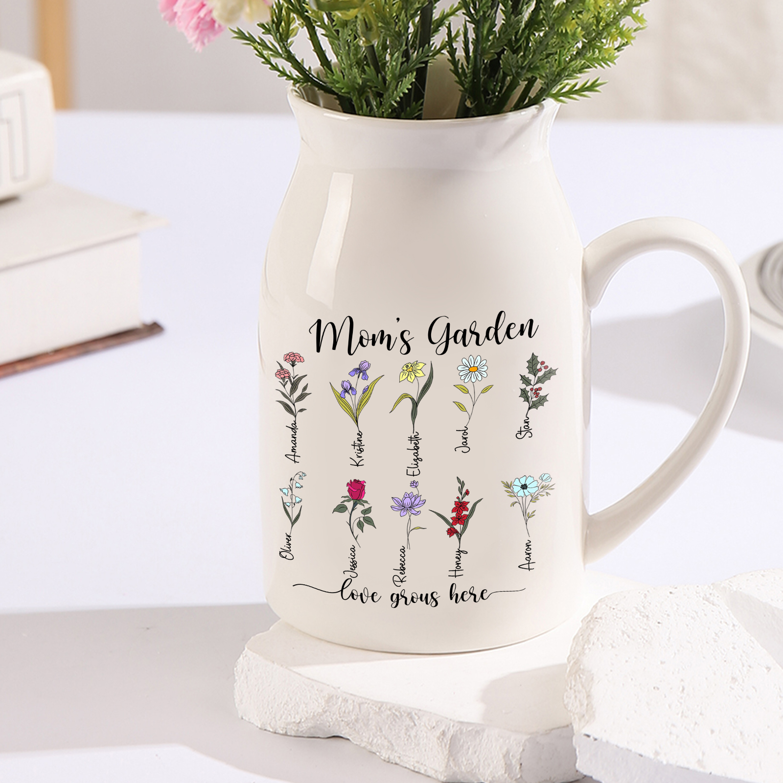 Personalised Birth Flower Vase with 10 Names – Custom Ceramic Gift for Mum or Grandma | Jessemade
