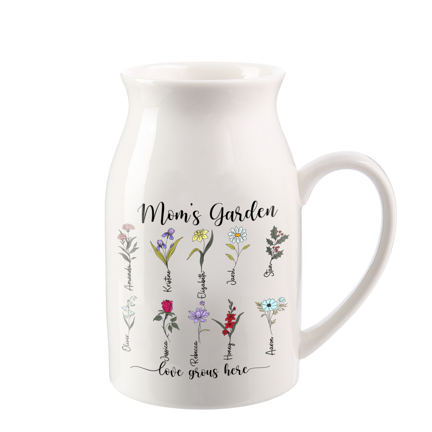 Personalised Birth Flower Vase with 10 Names – Custom Ceramic Gift for Mum or Grandma | Jessemade