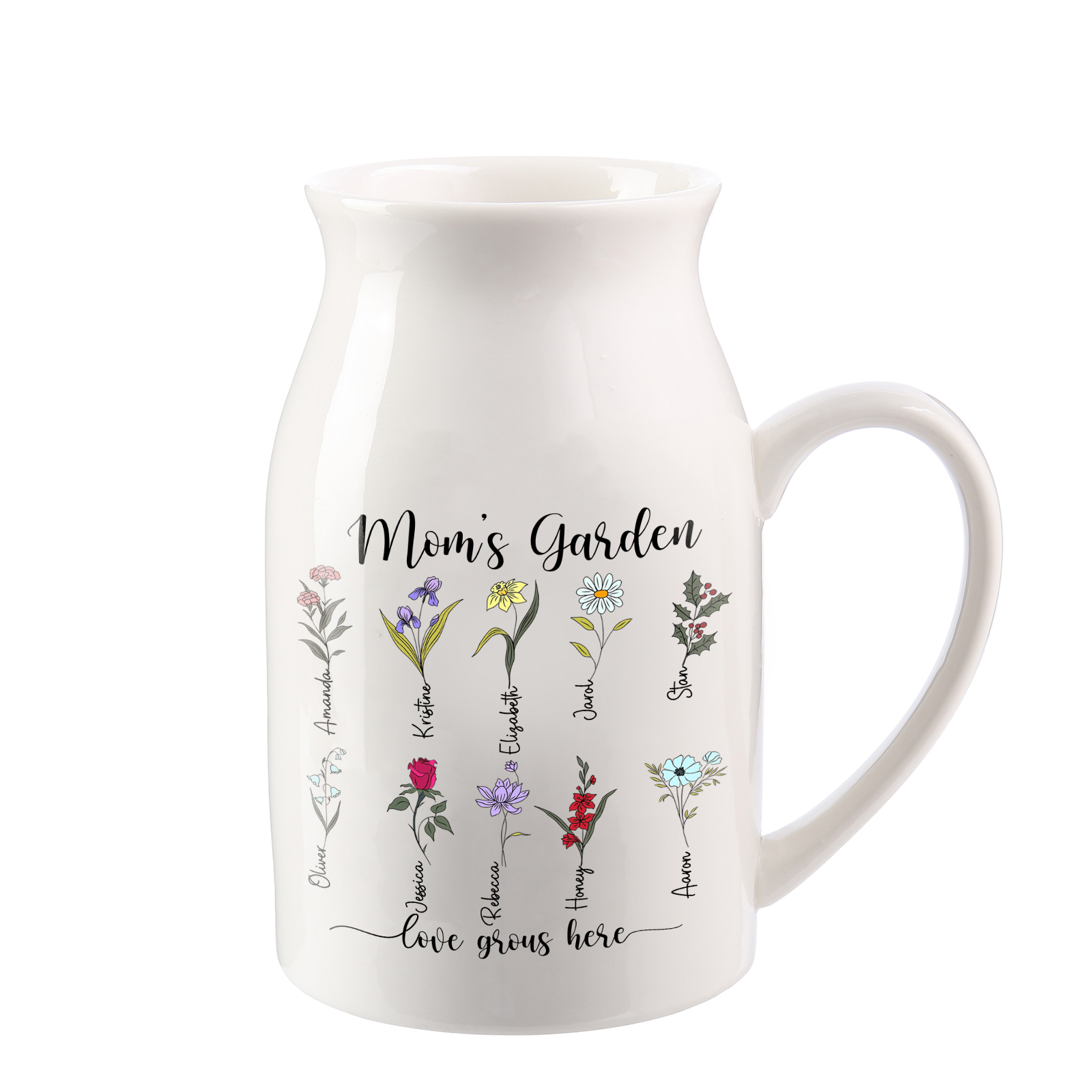 Personalised Birth Flower Vase with 10 Names – Custom Ceramic Gift for Mum or Grandma | Jessemade