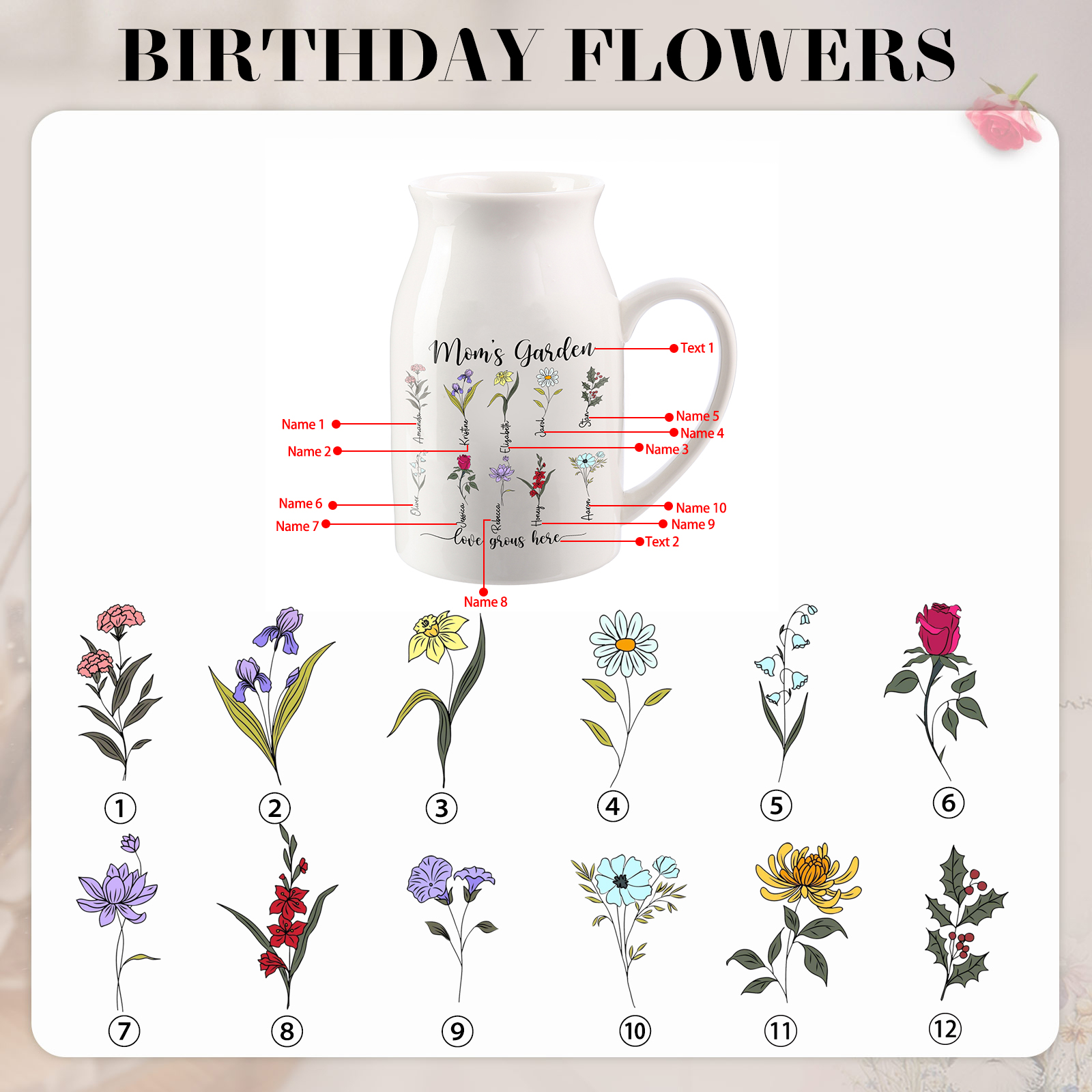 Personalised Birth Flower Vase with 10 Names – Custom Ceramic Gift for Mum or Grandma | Jessemade