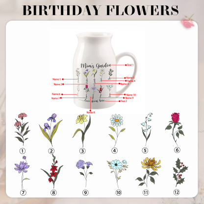 Personalised Birth Flower Vase with 10 Names – Custom Ceramic Gift for Mum or Grandma | Jessemade