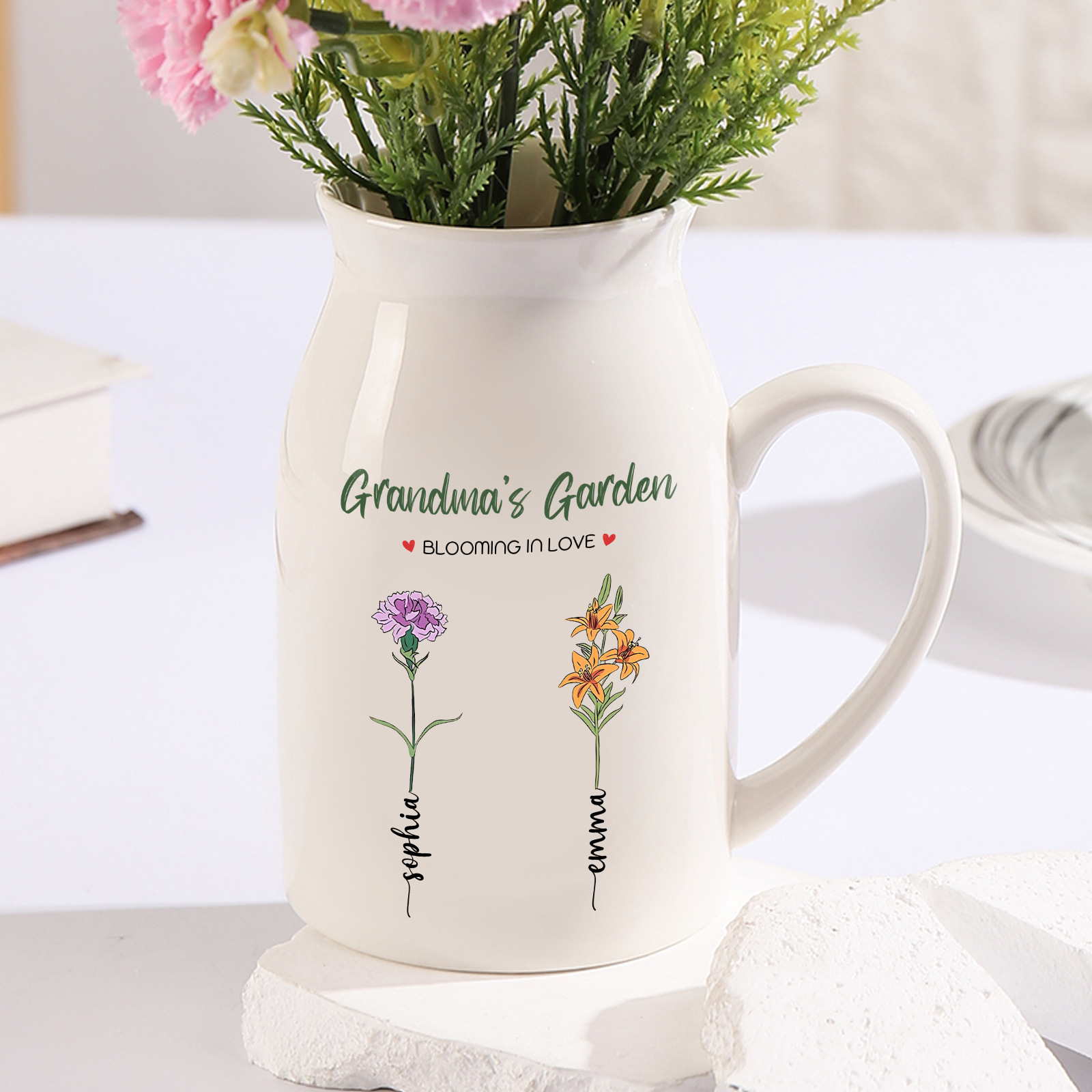 Personalised Ceramic Vase Custom with Text 2 Names & Birthflowers Grandma's Garden Gift for Mum/Grandma  | Jessemade