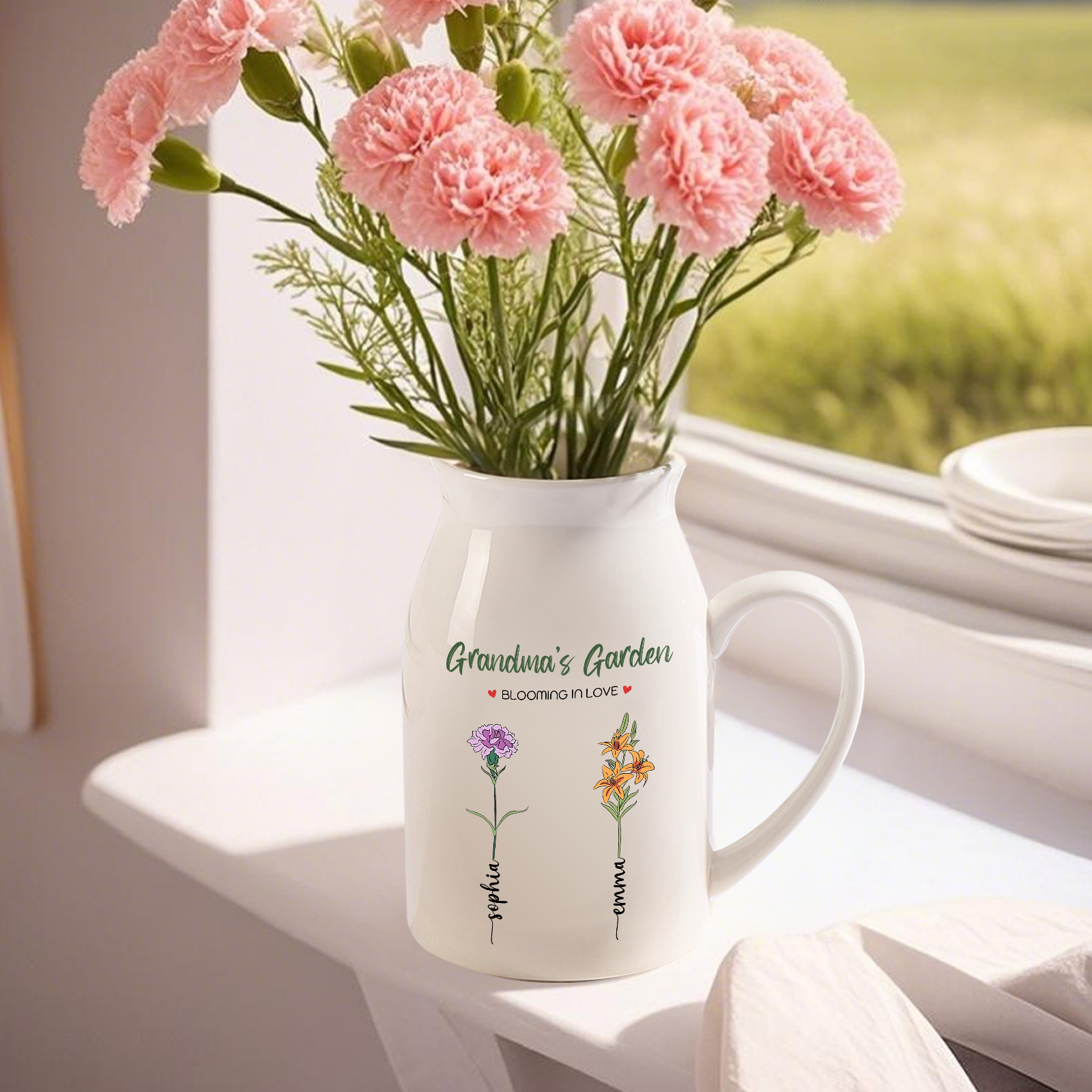 Personalised Ceramic Vase Custom with Text 2 Names & Birthflowers Grandma's Garden Gift for Mum/Grandma  | Jessemade