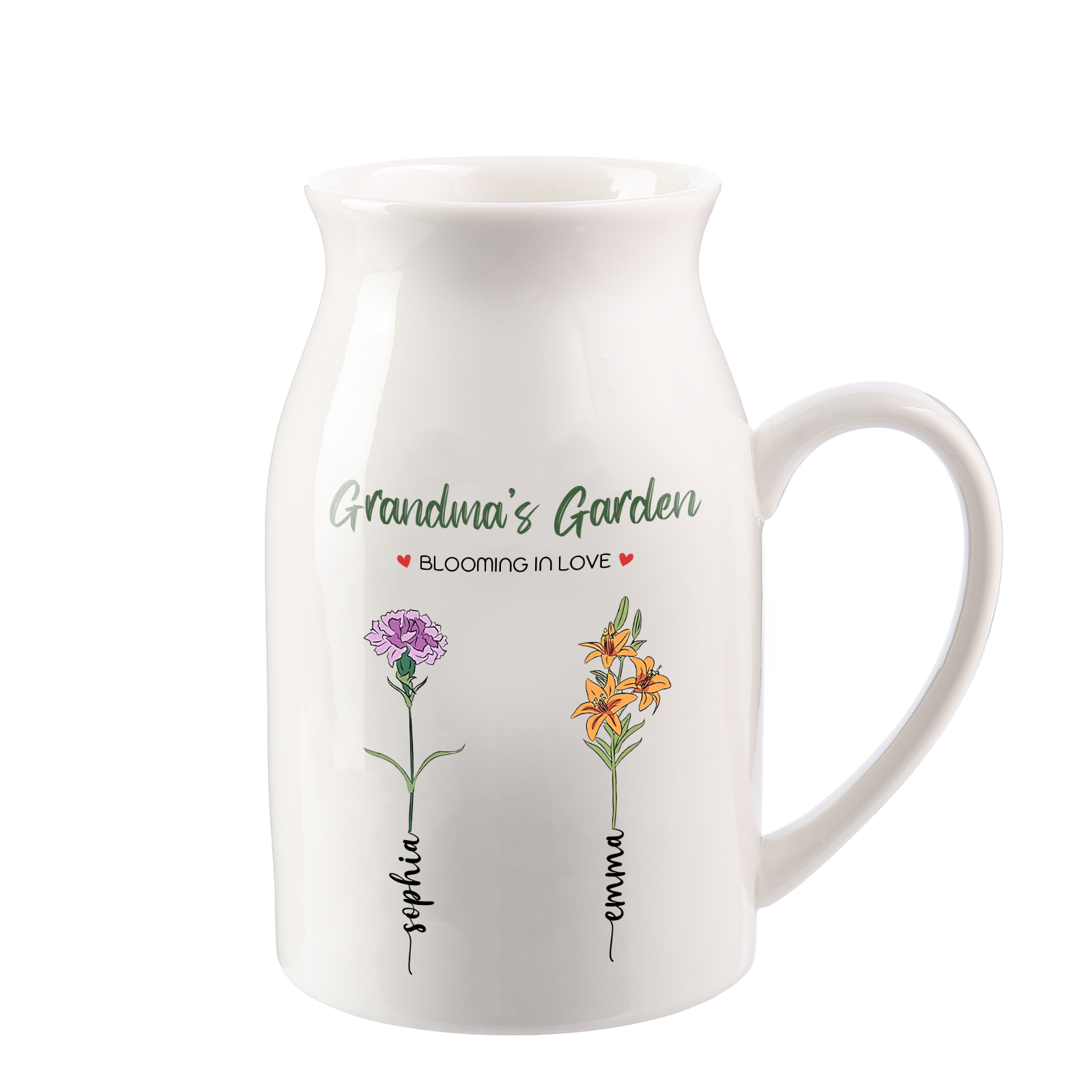 Personalised Ceramic Vase Custom with Text 2 Names & Birthflowers Grandma's Garden Gift for Mum/Grandma  | Jessemade
