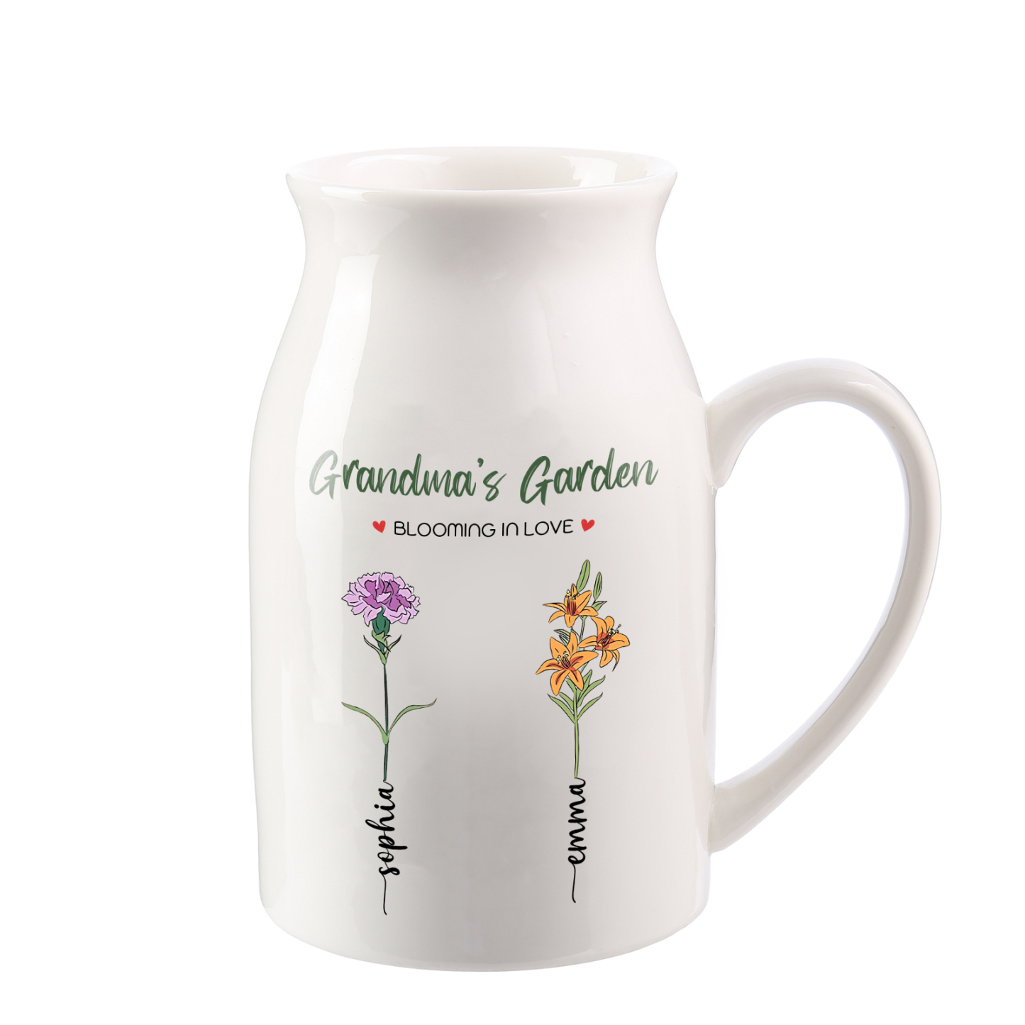 Personalised Ceramic Vase Custom with Text 2 Names & Birthflowers Grandma's Garden Gift for Mum/Grandma  | Jessemade