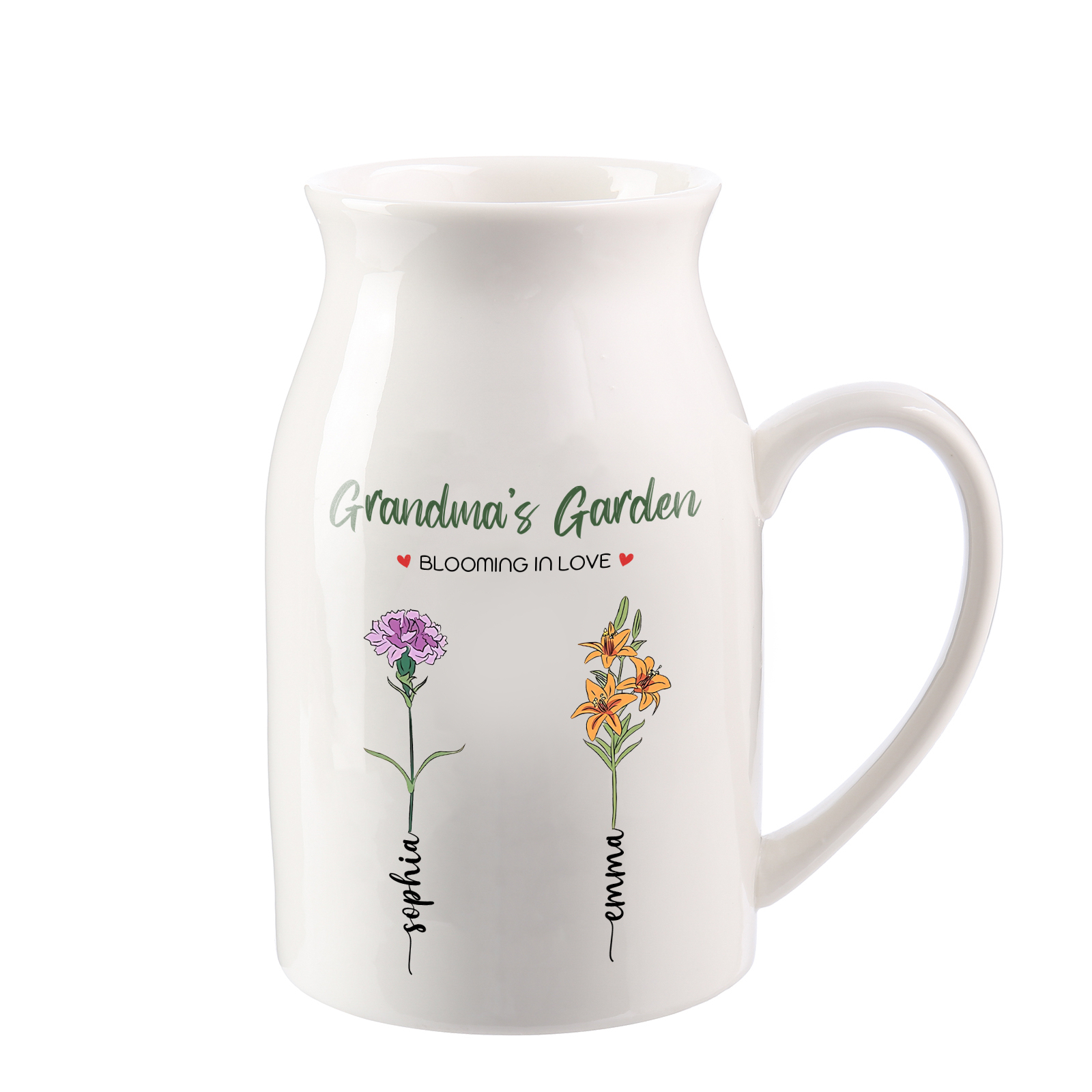 Personalised Ceramic Vase Custom with Text 2 Names & Birthflowers Grandma's Garden Gift for Mum/Grandma  | Jessemade