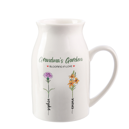 Personalised Ceramic Vase Custom with Text 2 Names & Birthflowers Grandma's Garden Gift for Mum/Grandma  | Jessemade