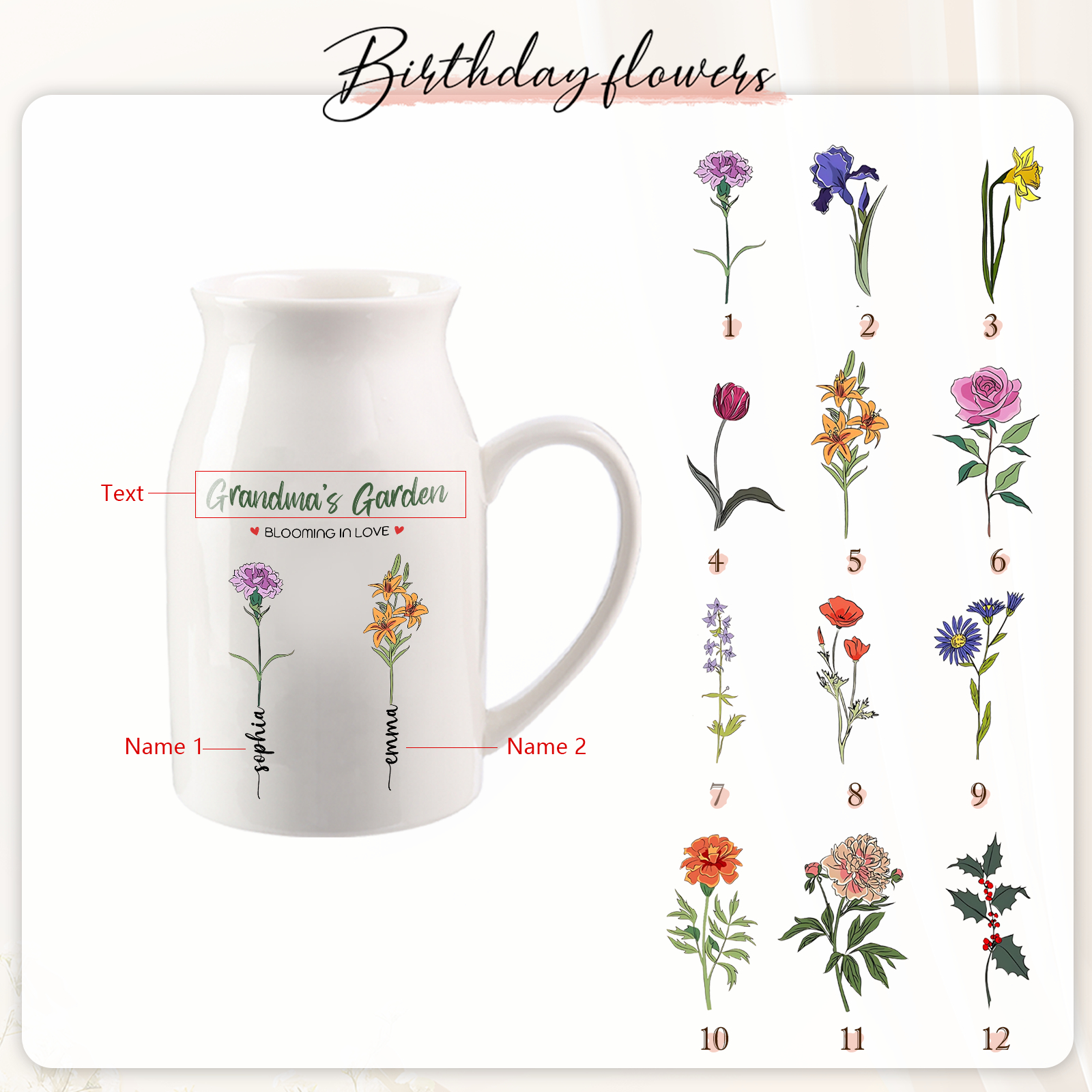 Personalised Ceramic Vase Custom with Text 2 Names & Birthflowers Grandma's Garden Gift for Mum/Grandma  | Jessemade