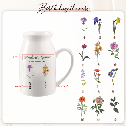 Personalised Ceramic Vase Custom with Text 2 Names & Birthflowers Grandma's Garden Gift for Mum/Grandma  | Jessemade