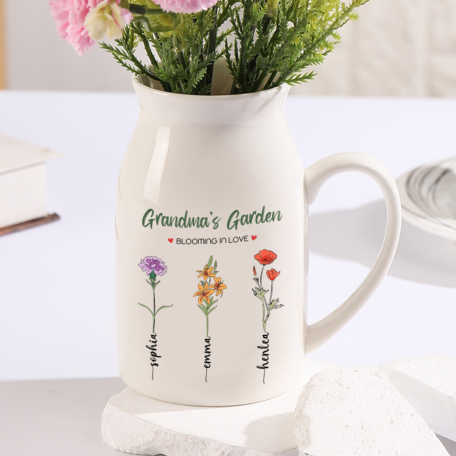 Personalised Ceramic Vase Custom with Text 3 Names & Birthflowers Grandma's Garden Gift for Mum/Grandma  | Jessemade
