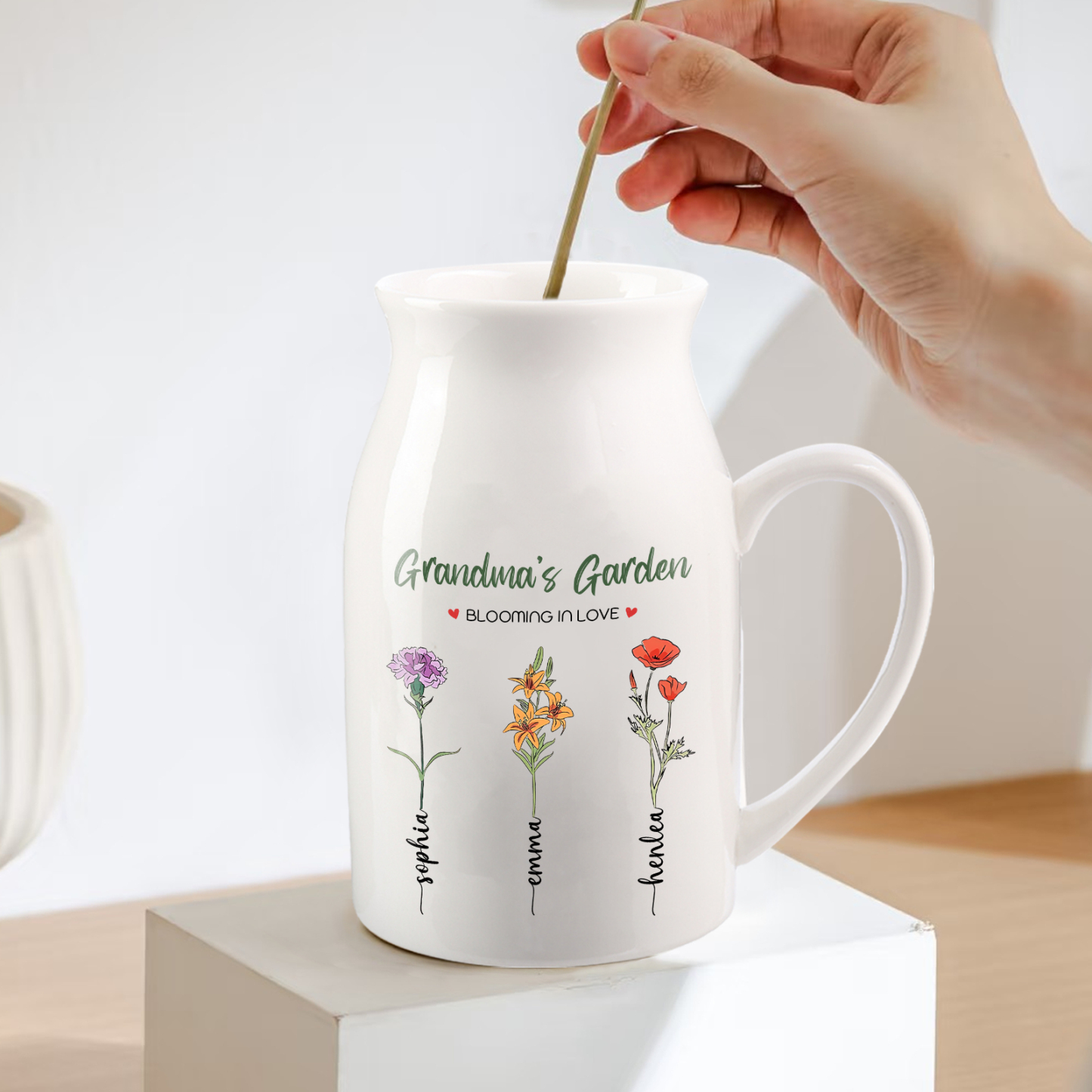 Personalised Ceramic Vase Custom with Text 3 Names & Birthflowers Grandma's Garden Gift for Mum/Grandma  | Jessemade