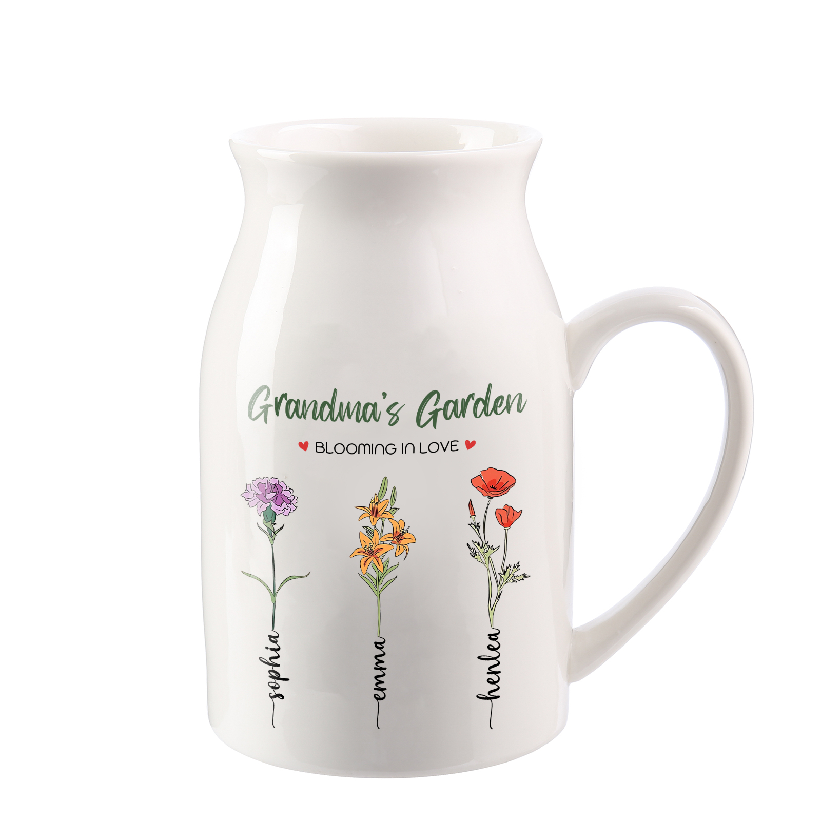 Personalised Ceramic Vase Custom with Text 3 Names & Birthflowers Grandma's Garden Gift for Mum/Grandma  | Jessemade